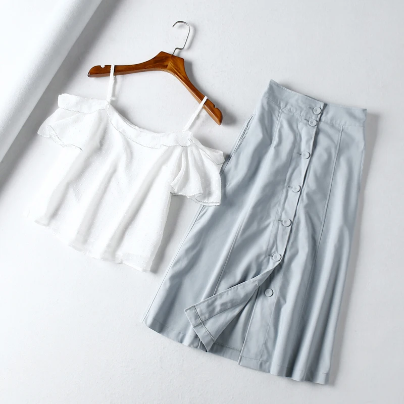 

Summer new flocking chiffon shirt sling high waist single-breasted middle length A word skirt two-piece