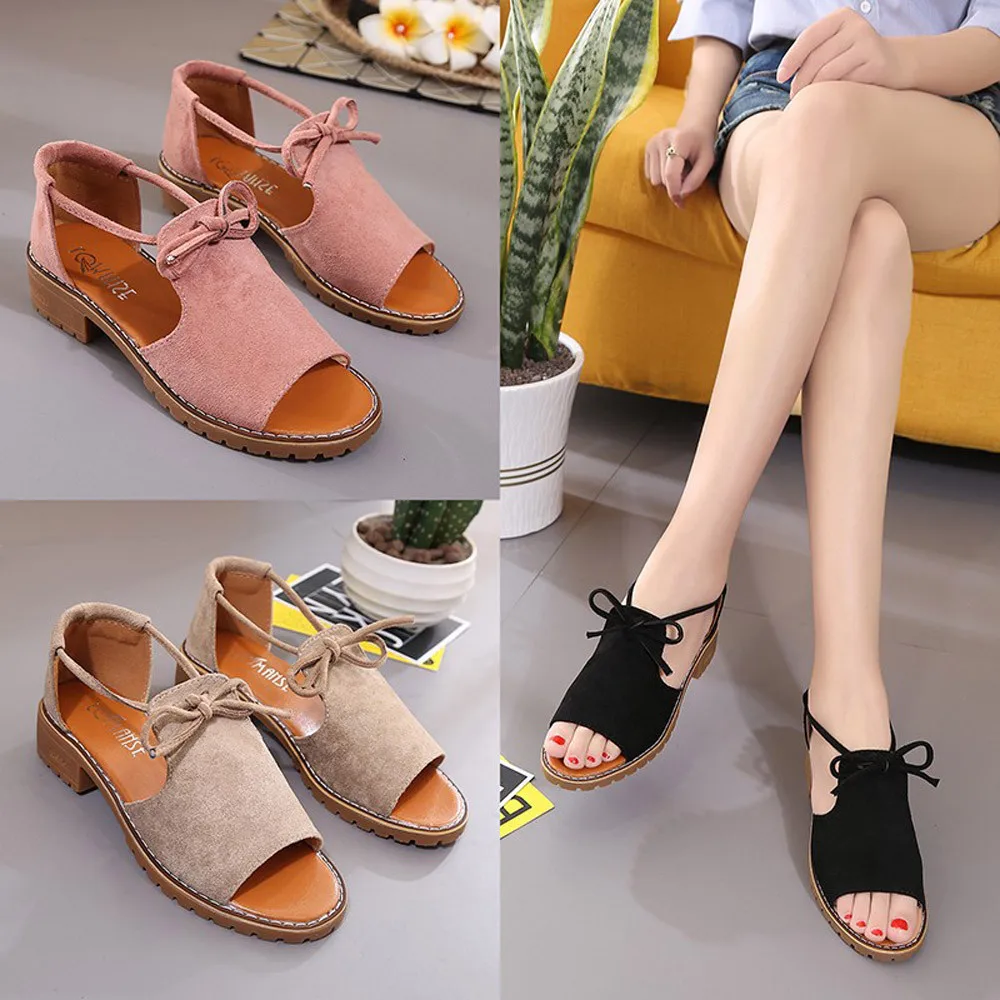 

Women's Ladies Lace Up Wedge Espadrilles Summer Chunky Holiday Sandals Shoes Tied fish mouth open toe thick with sandals single