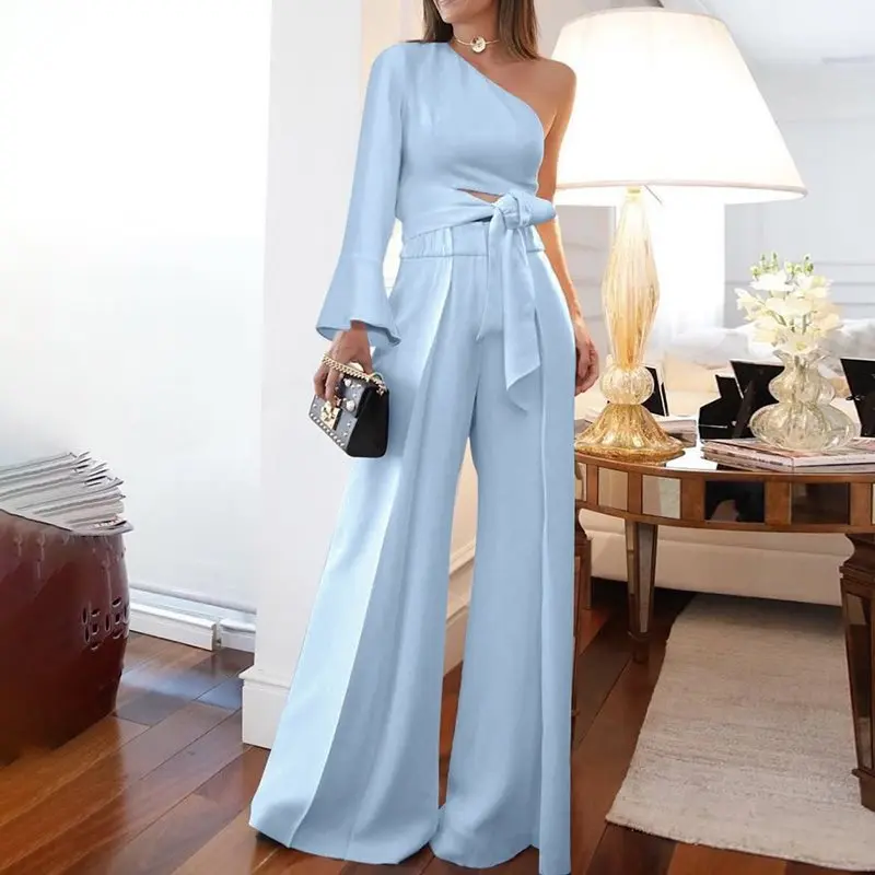 one shoulder flared jumpsuit