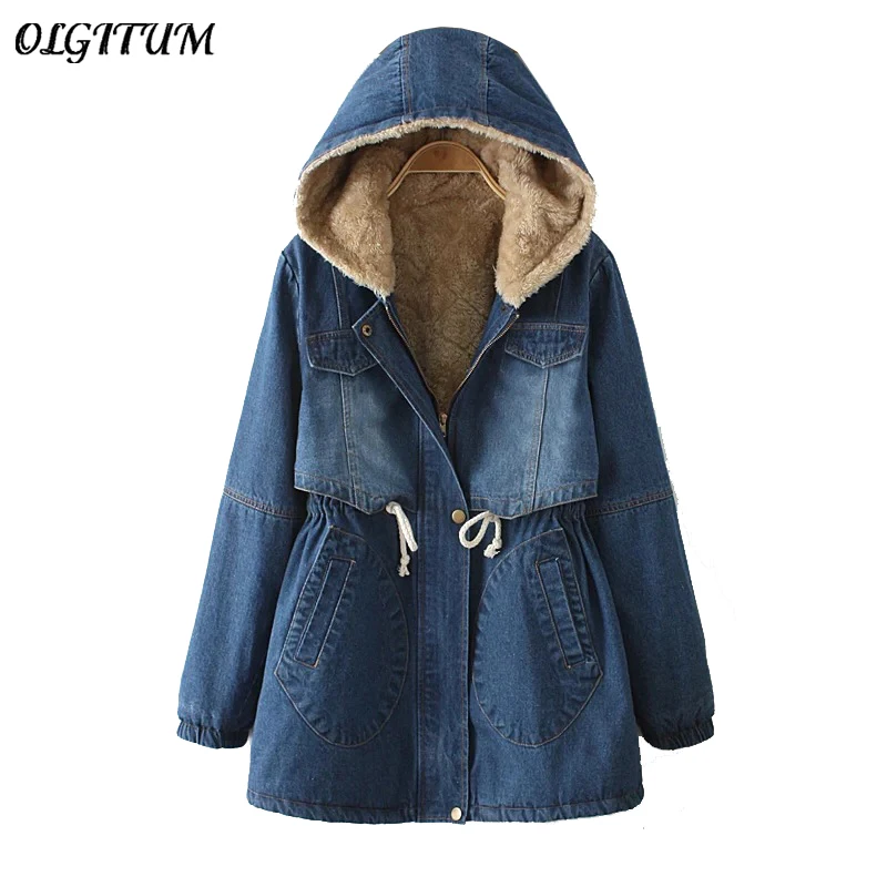 

Hot Sale 2019 High Quality denim thick jacket casual thicken warm parka drawstring belt hooded denim cotton coat women outwear