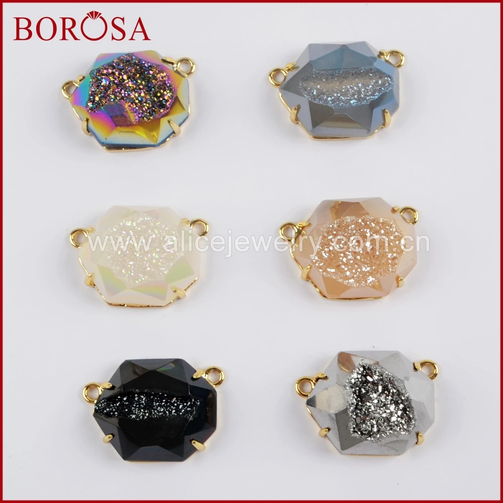 BOROSA Design 5/10PCS Gold Color Bezel Claw Heptagon Rainbow Titanium Druzy Faceted Connector Double Charms Drusy Jewelry ZG0331 |