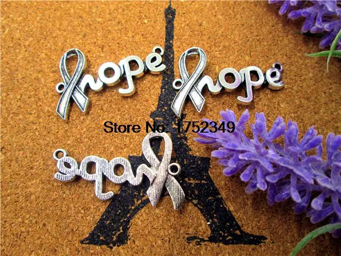 

12pcs--Hope charms, Antique Tibetan silver Cancer Ribbon hope Charm Connectors 38x23mm