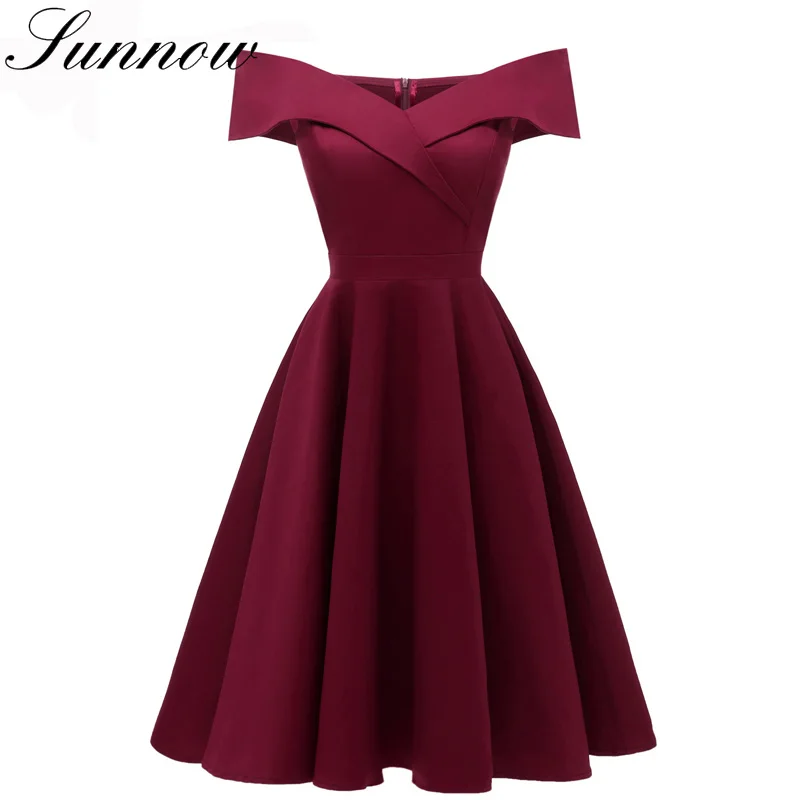 

SUNNOW Women Spring Off Shoulder Dress Women Sexy Elegant 2019 Elastic A-Line Lady Slim Slash Neck Vintage Party Dresses