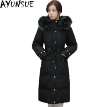 AYUNSUE, женский пуховик, длинное пальто до колена, роскошный Теплый Зимний пуховик, большой меховой капюшон, белый утиный пух, пальто ST217