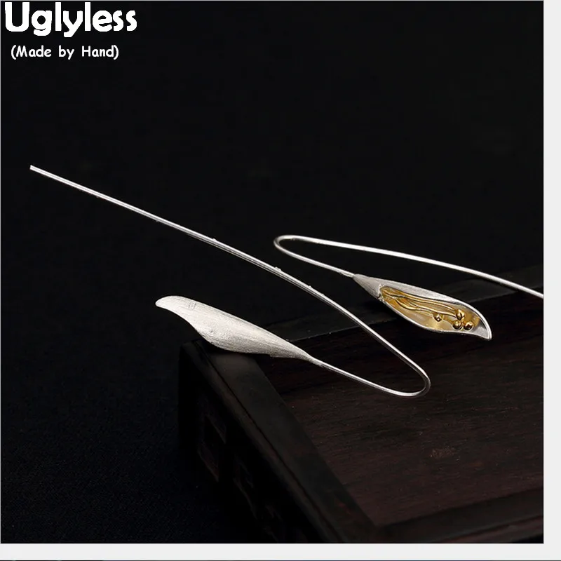 

Uglyless Handmade Brushed Flower Earrings for Women Triangle Floral Fine Jewelry Gold Plated Real Solid 925 Silver Long Ear Line