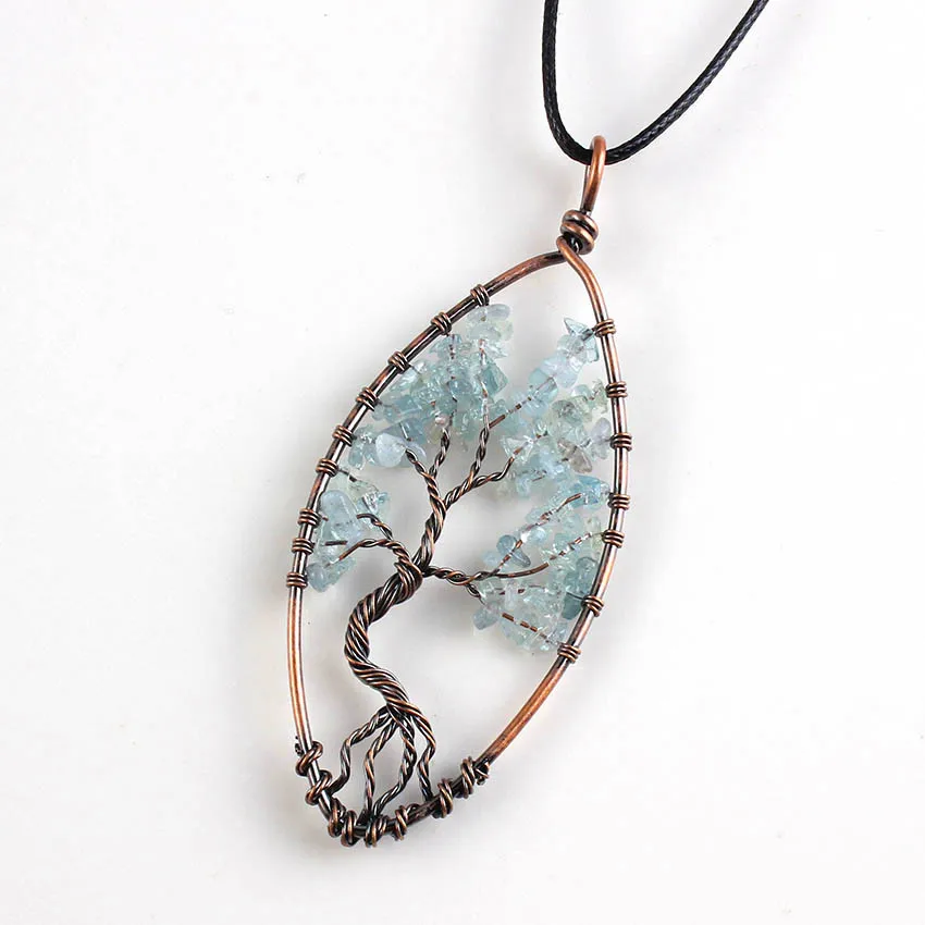 

FYJS Unique Jewelry Copper Plated Wire Wrap Tree of Life Aquamarines Crystal Pendant Marquise Shape Necklace
