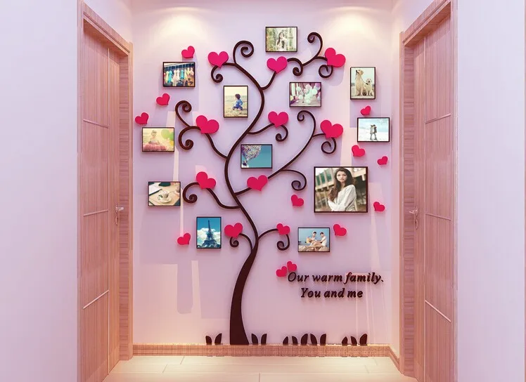 Горячая 3D акриловые настенные наклейки любовь сердце фоторамка дерево наклейки для входа в гостиную ТВ диван фон настенная живопись