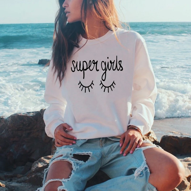 Moda Mujeres Lindas Pestanas Super Chicas De Manga Larga Otono Casual Blanco Sudaderas Grafico Grunge Tumblr Tops Sweats Sudaderas Con Capucha Y Sudaderas Aliexpress