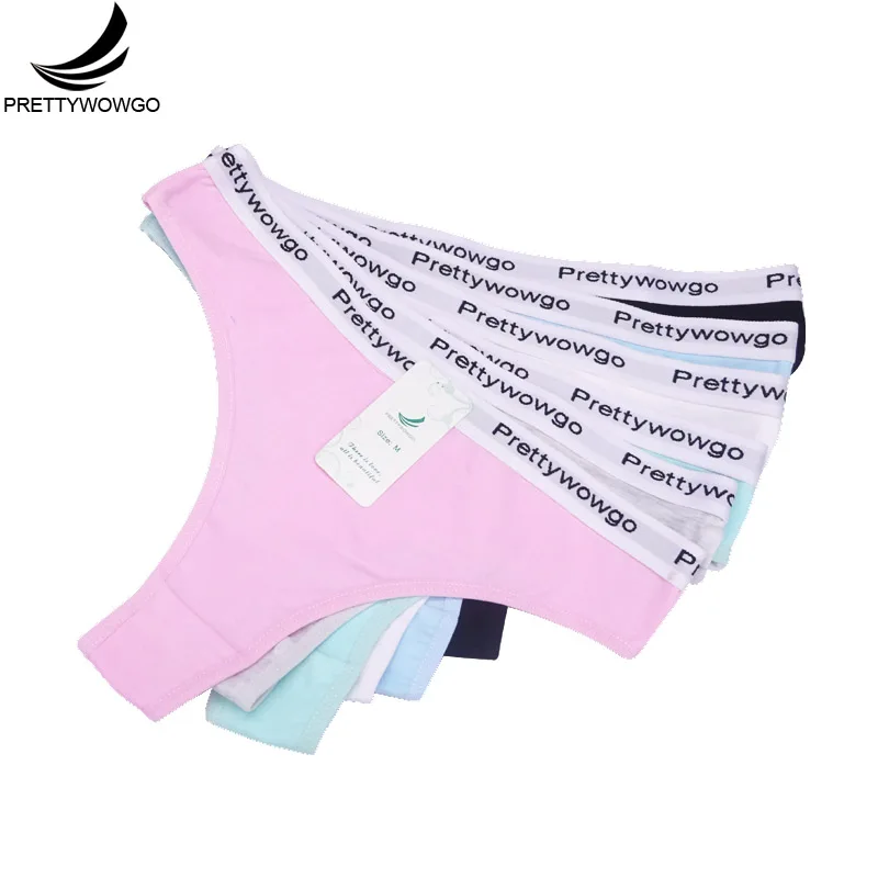 Prettywowgo 6 Pcs New Arrival 2019 Women Cotton Classical Solid Color Sexy G String Thong For Ladies Panties 9007