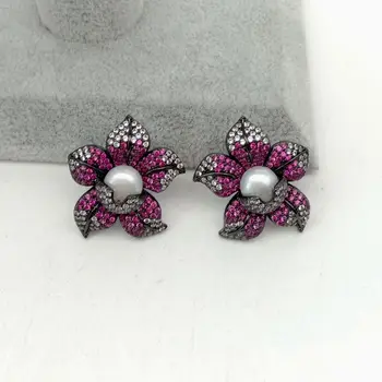 

Cz Pave Pearl Earrings White Pearl Gunmetal Golden Plated Cz Flower Earrings