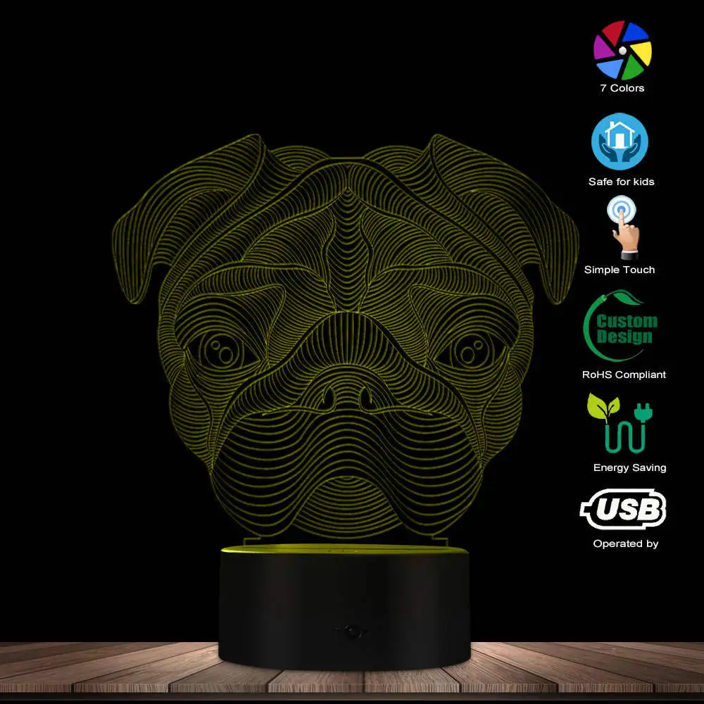 

1Piece 3D Lovely French Bulldog Pug Shape Novelty Table Lamp LED Night Light Home Decor Pet Dog Puppy 3D Optical illusion Light