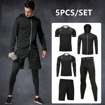 

2019 sport suit men running compression set 5pcs basketball jogging clothing quick dry tracksuit gym fitness training sportswear