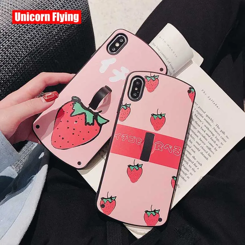 

LinXiang Japan Style Pink Strawberry Invisible Ring Stand Matte Phone Case Back Cover For iphone 6 6s 7 8 Plus X XS Max XR