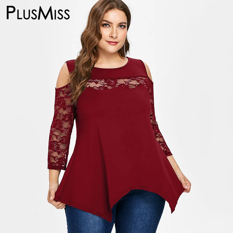 PlusMiss плюс Размеры Sexy цветочные кружева Блузка с длинными рукавами женские