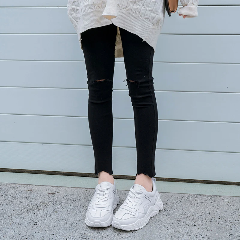 Karinluna INS/Популярные стильные кроссовки на массивном каблуке; женские повседневные весенние белые кроссовки из натуральной коровьей кожи на шнуровке; женская обувь