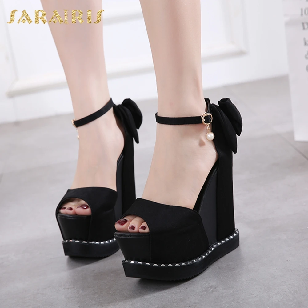 

Sarairis 2019 Wholesale Hot Sale Peep Toe Summer Shoes Woman Sandals Wedge High Heels Platform Bowtie Sandals Woman Shoes