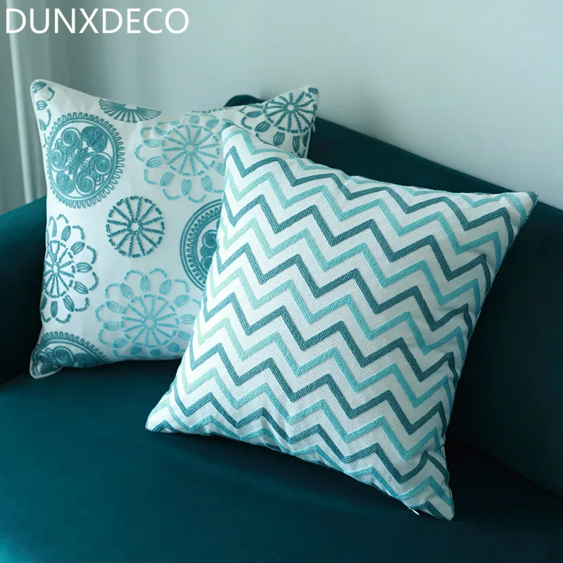 Dunxdeco чехол для подушки декоративные подушки чехол хлопок холст, нить для вышивки в синюю волнистую геометрический NORDIC Flora Coussin диван деко
