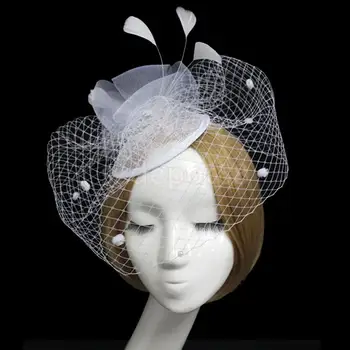 

Bridal Fish Net Face Veil Feather Fascinator Hair Clip Party Headpiece