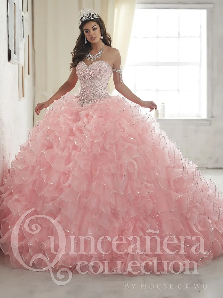 2017 Розовый Quinceanera Платье Бальное Из Органзы Кристаллы Squined Vestidos Де 15 Sweet 16 Платья