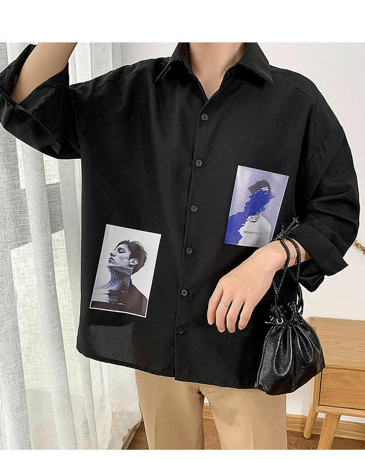 Весна и лето новая Корейская версия прилив мужской свободные удобные модные Harajuku хлопок CharacterPattern Повседневная рубашка