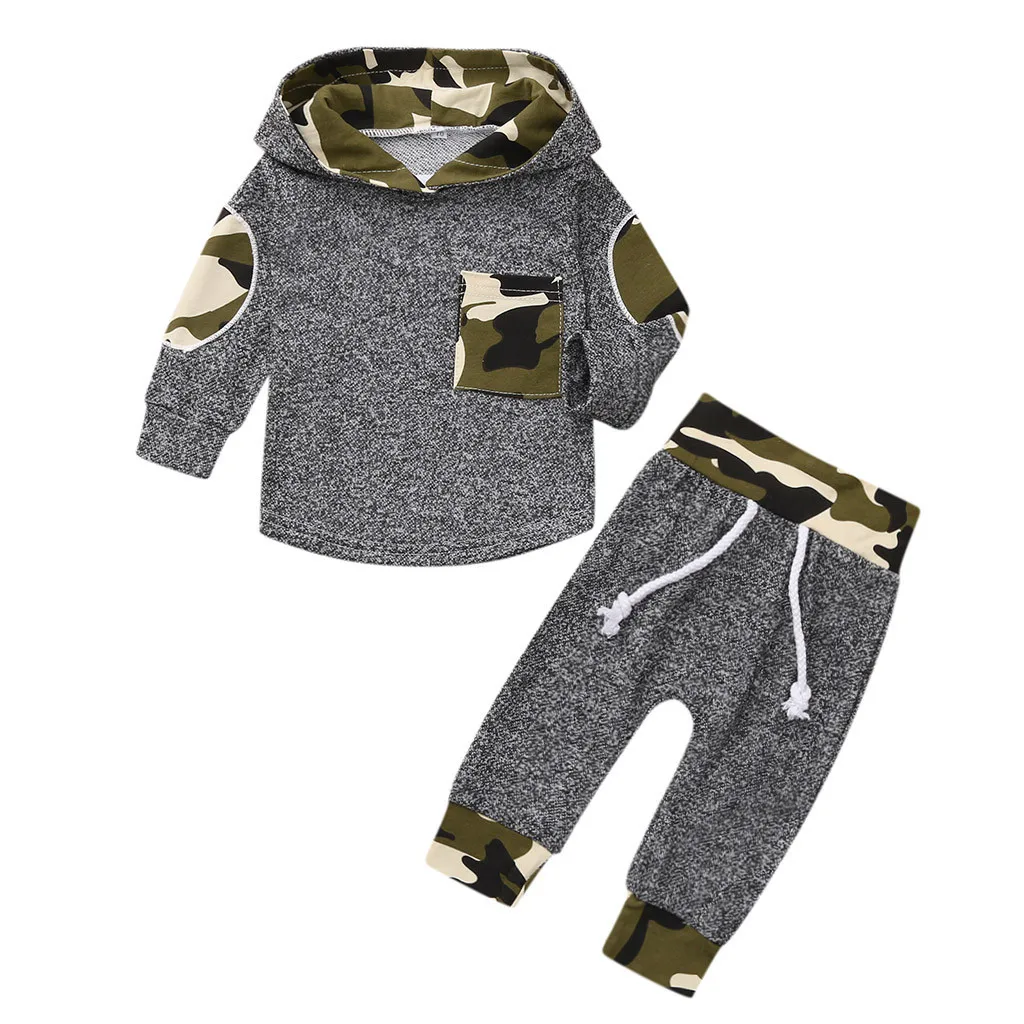 ARLONEET/Новое поступление года, Одежда для новорожденных мальчиков и девочек детский Камуфляжный свитер с капюшоном и длинными рукавами комплект из 2 предметов: Топ+ штаны - Цвет: Gray