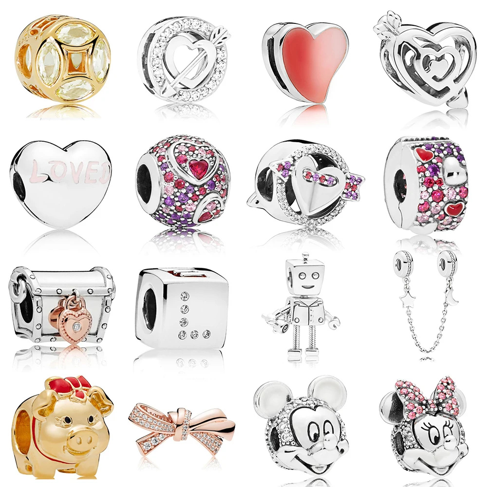 

NEW 2019 100% 925 Sterling Silver Rose Gold Bow Asymmetric Love Robot Valentine's Day Charm Fit European Diy Bracelet Original