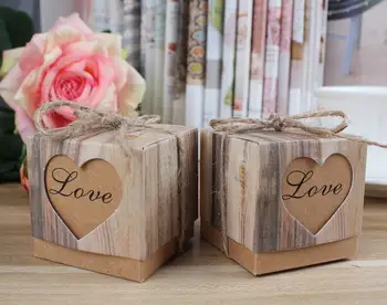 

50pcs Heart Candy Box Vintage Wedding Gifts For Guests Kraft Boxes With Rustic Burlap Twine Decoration Wedding Favors