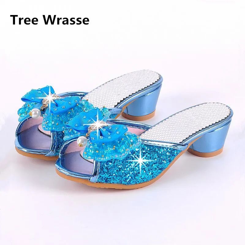 

Children High Heels Shoes Girls Cool Slippers Fashion Sequins Crystal Princess Sandals 2017 Summer New Beaded Bowtie Slippers