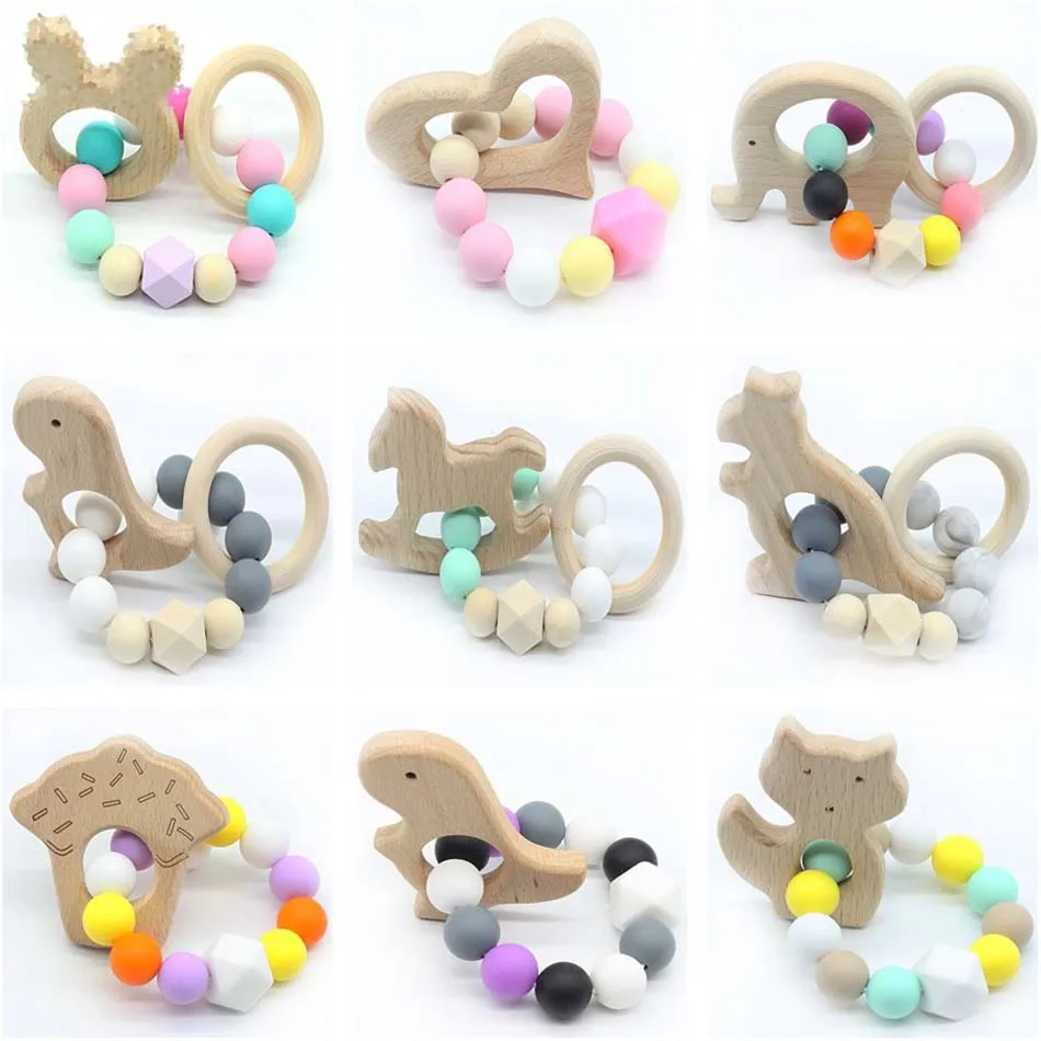 

Baby Pacifier Clip Teether Silicone Bracelet Organic Wood Teether Non-toxic Food Grade Can Chew Toy Teething Jewelry Natural Toy