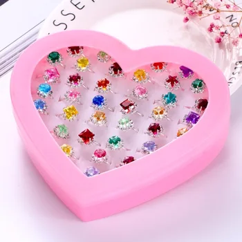 

imixlot One Pack Crystal Colorful Adjustable Ring Sets Wholesale Children Rings With Heart Box Jewelry Accessories