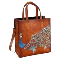 

COOSKIN brand top retro leather female handbag hand-painted peacock tote bag hand-stitched boutique shoulder bag Messenger bag