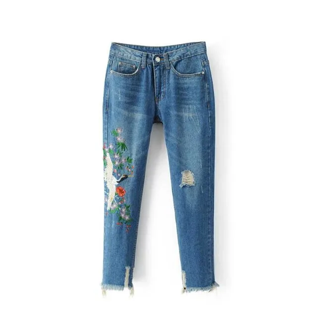 Embroidery Jeans Women Ripped Jeans Loose Pencil Pants New Women Pants Ankle length pants loose Vintage