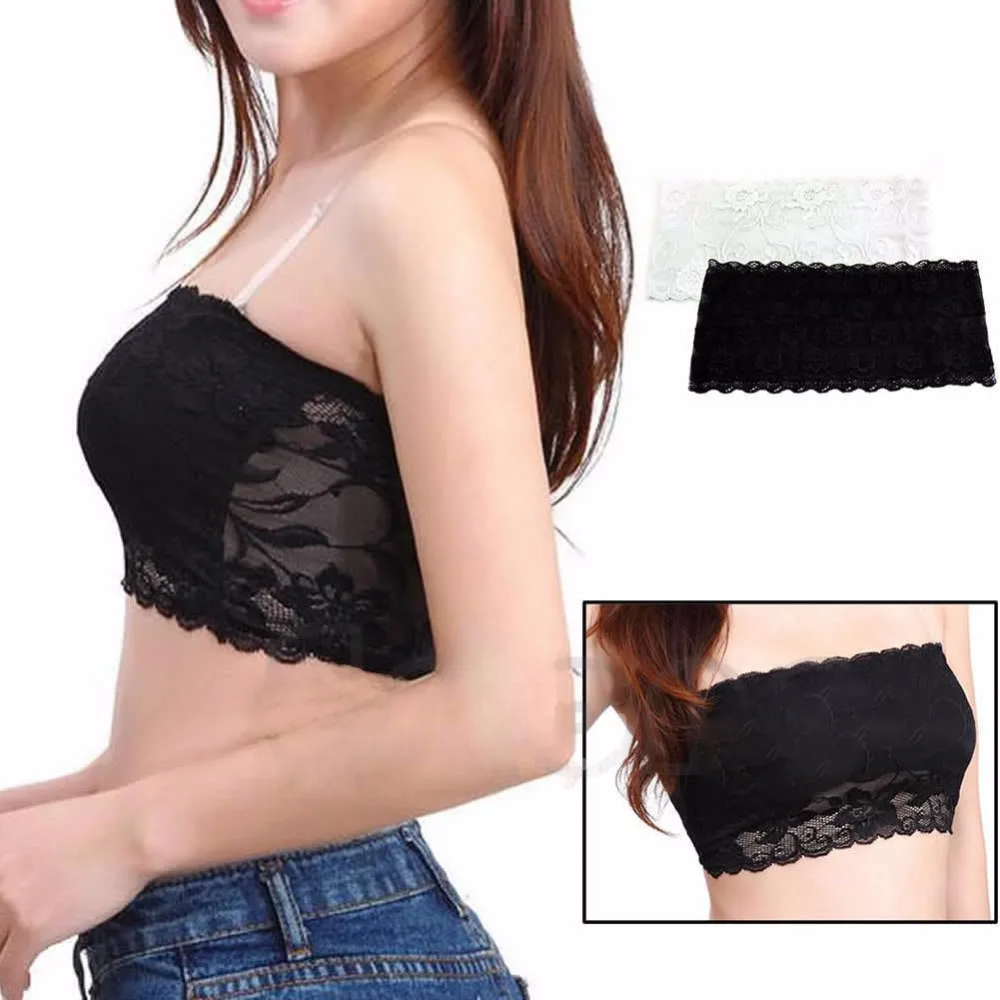 Women Soft Wireless Lace Bralette Padded Strapless Adjustable Back Thin