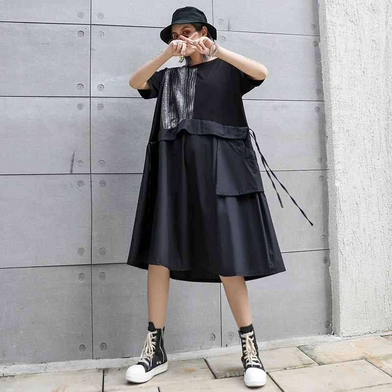 

Women Summer Short Sleeve Loose Casual Big Pocket Splice Black Dress Female Streetwear Punk Gothic Elegant Plus Size Dresses