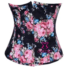 Flowers Print Black Denim Lace Up Underbust Corsets Cheap Short Bustier Waist Cincher Corset Corsettes For