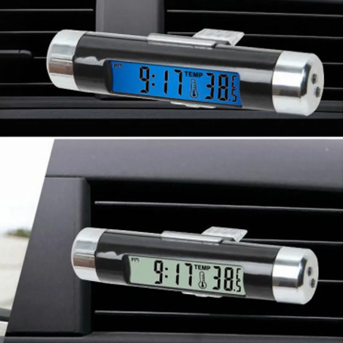 

New 1pcs Car Styling Backlight Car Digital LCD Air Outlet Clip-on Automotive Car Clock Thermometer Blue Color LCD Display Screen