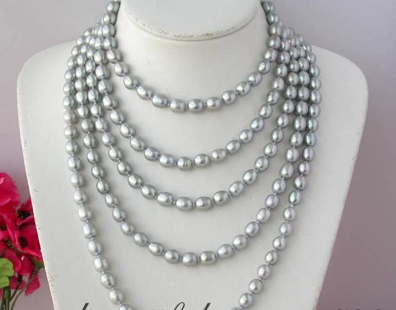 

A z2199 long 100" 11mm gray rice freshwater pearl necklace
