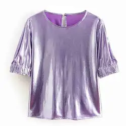 ANSFX стильный яркий металлический фиолетовый короткий рукав o-образным вырезом пуловер Футболка модная женская облегающая футболка топы