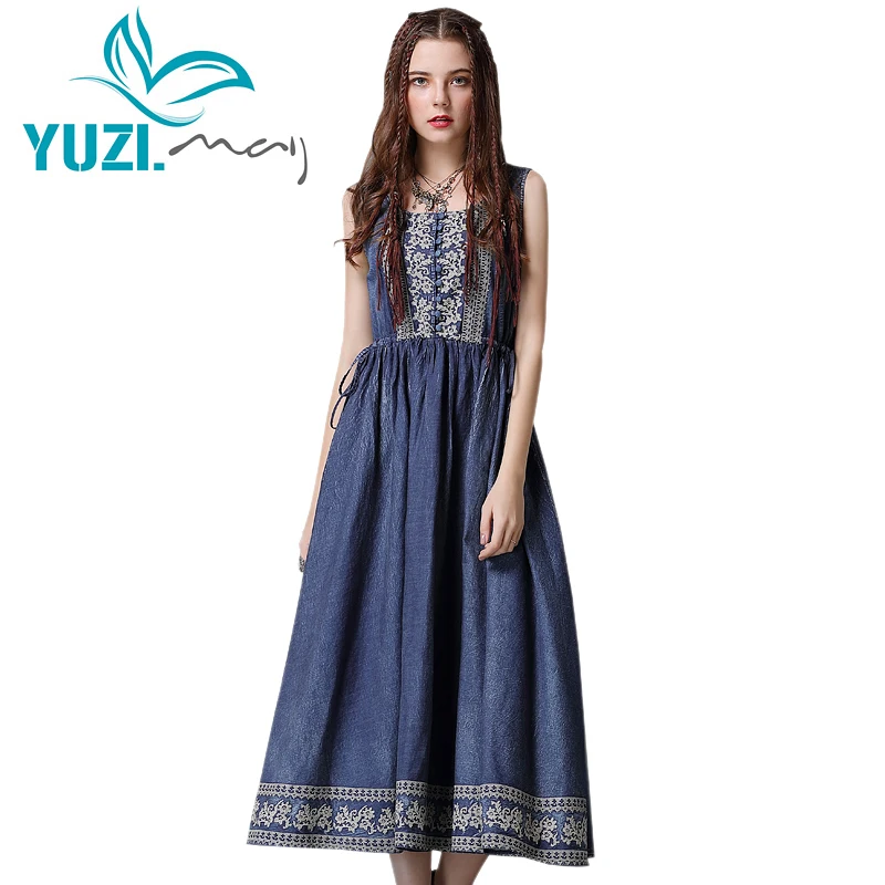 Летнее платье 2018 Yuzi. may Boho новое из джинсовой ткани с О-образным вырезом а-силуэта