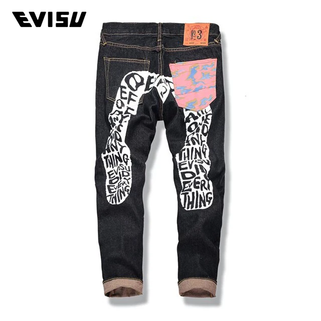 Evisu 2018 мужские джинсы хипстерском стиле повседневные модные брюки мужские джинсы на молнии с карманами прямые длинные классические черные