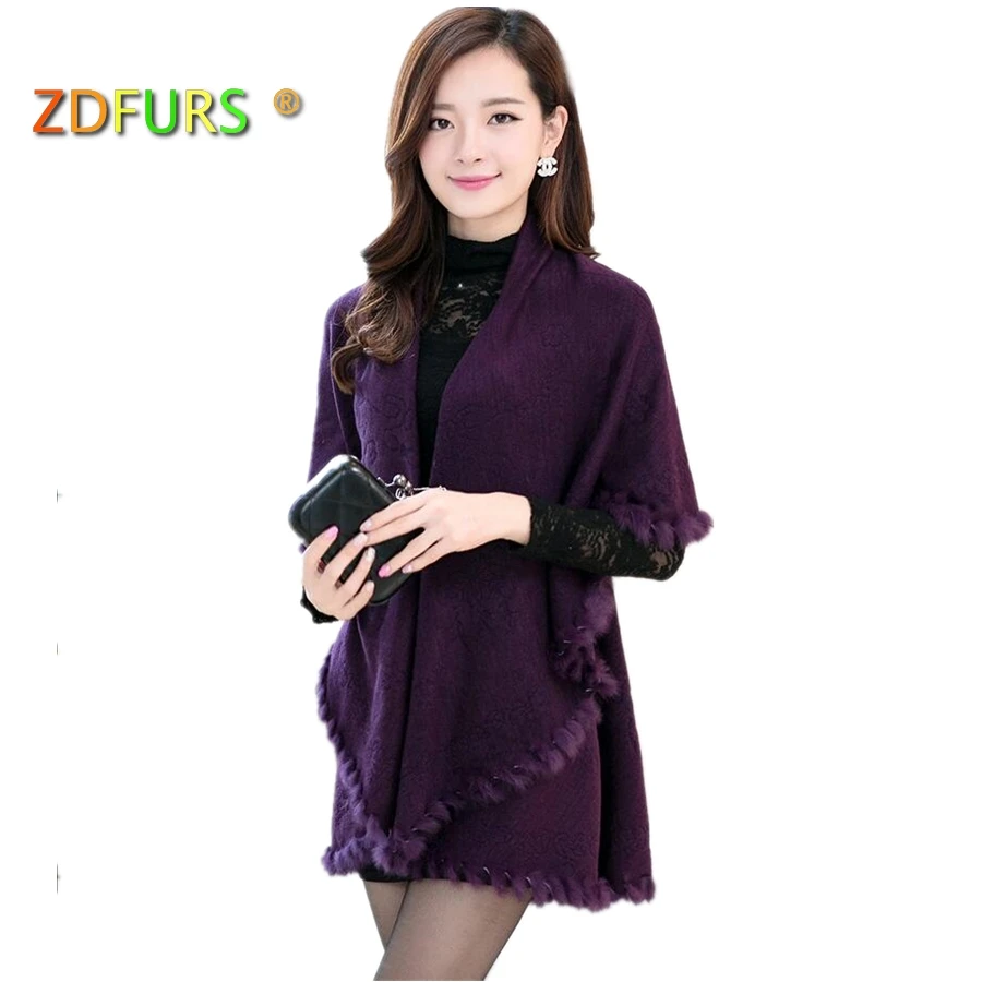 ZDFURS * Winter Autumn Rabbit Fur Collar Cashmere Cardigan Shawl Women Knitted Fur & Faux Fur Poncho Coat