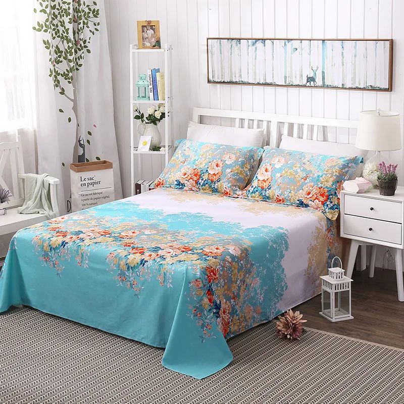Pastoral Style Light Blue Color Print 3 Piece Bed Sheet Flat Sheet