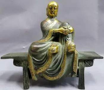 

7" China bronze gild buddhism copper carved wooden bench buddha sculpture Statue