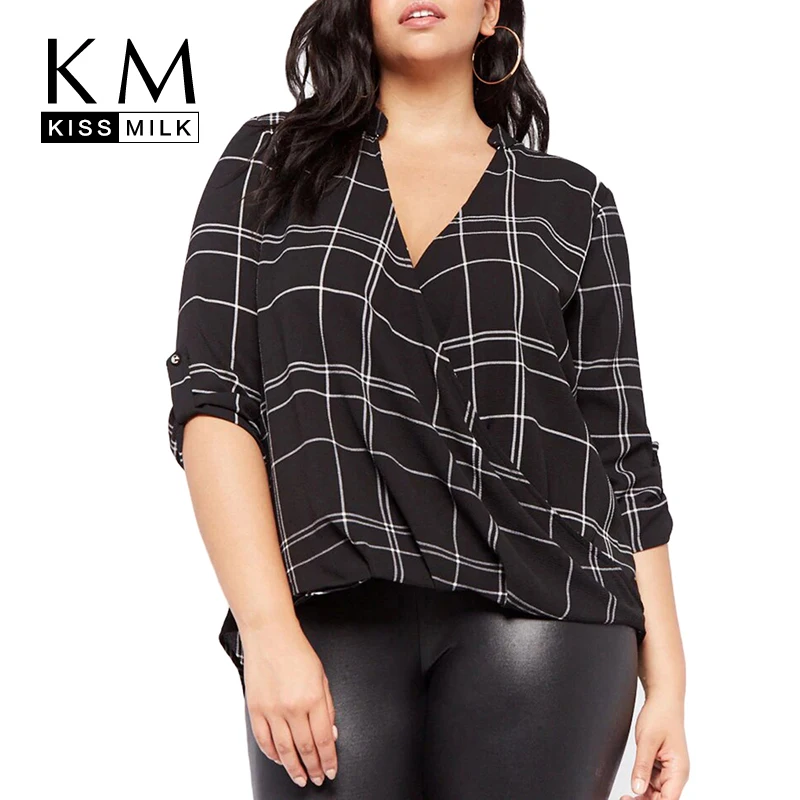

Kissmilk Plus Size Wrap Plaid V Neck Shirts Casual New Fashion Color Block Three Quarter Sleeve Ruffle Women Summer Blouse