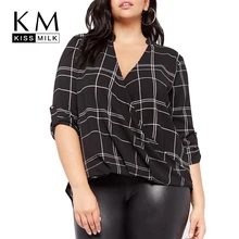 Kissmilk Plus Size Wrap Plaid V Neck Shirts Casual New Fashion Color Block Three Quarter Sleeve Ruffle Women Summer Blouse Kissmilk Plus Size Wrap Plaid V Neck Shirts Casual New Fashion Color Block Three Quarter Sleeve Ruffle Women Summer Blouse