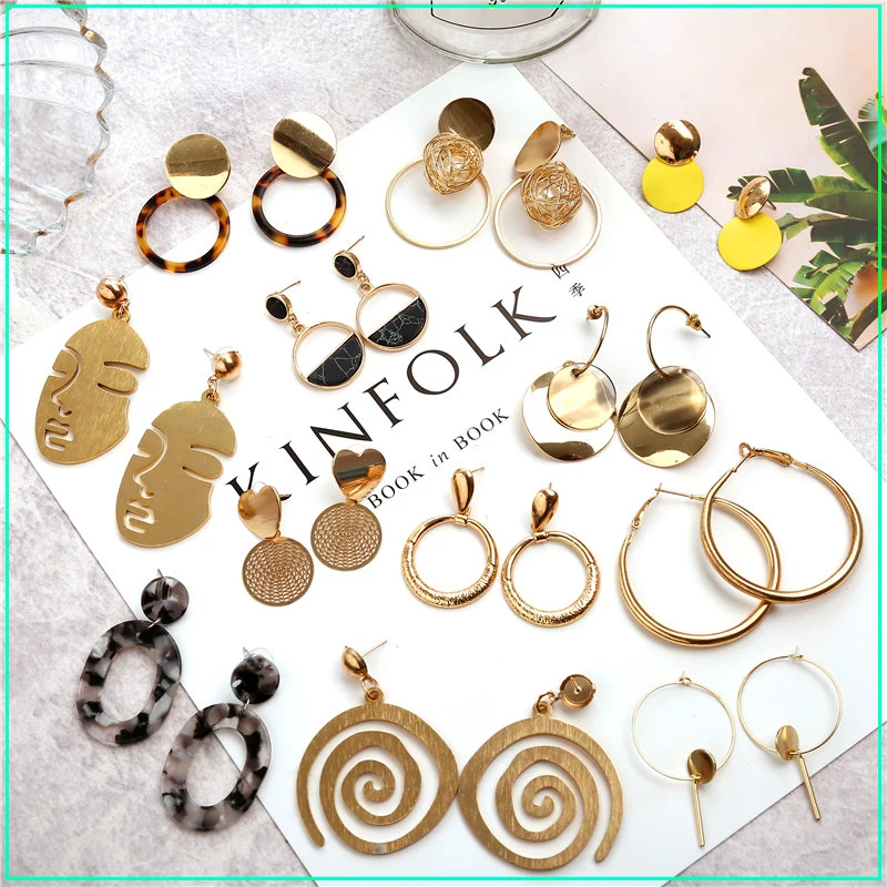 

Round Geometric Acrylic Resin Drop Earrings For Women 2018 Vintage Gold Color Dangle Earring Female Statement Fashion Jewelry