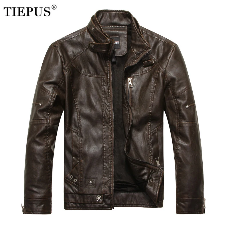 

TIEPUS winter jacket men's plus velvet warm leather jacket men's stand collar solid color washed motorcycle leather jacket men