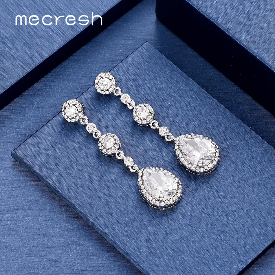 

Mecresh Top Teardrop Cubic Zirconia Drop Earrings for Women Silver Color Crystal Bridal Long Earrings Wedding Jewelry MEH1564