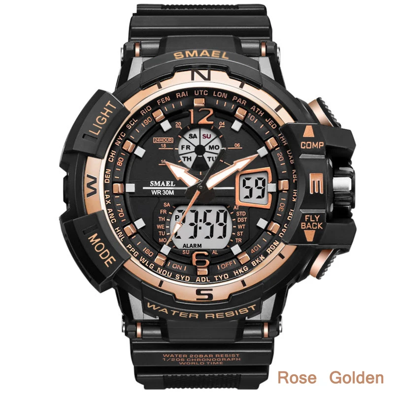 Лидирующий бренд Smael часы модные спортивные часы мужские часы мужской светодиодный цифровой кварцевые часы мужские водонепроницаемые часы Relogio Masculino - Цвет: Rose Golden