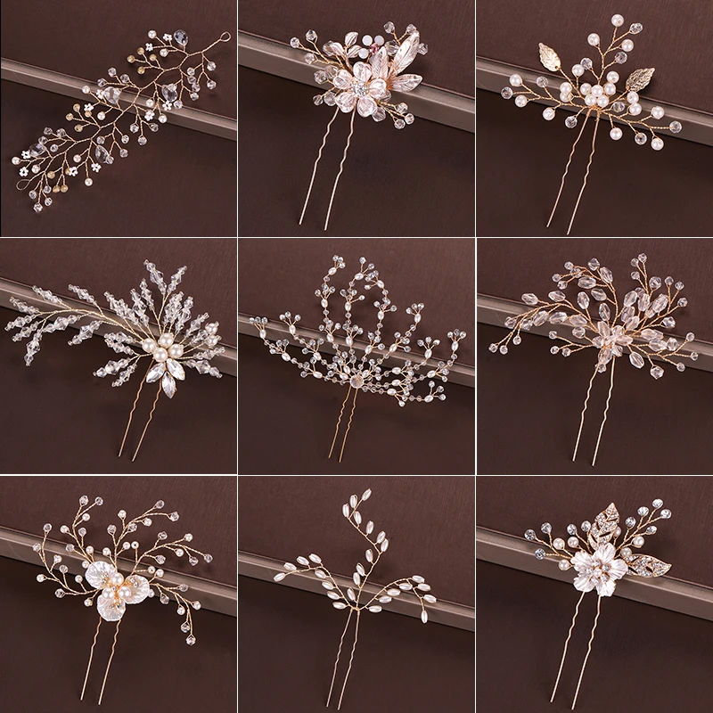 Gold Pearl Tiara Hairpin Clip Crystal Rhinestone Hair Jewelry For Women Flower Handmade Headband Wedding Bridal Hair Accessories